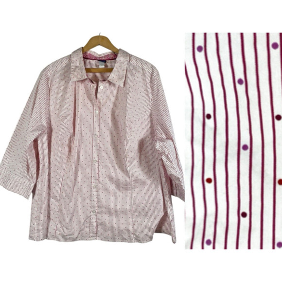 Basic Editions Blouse Top 3X Button Up White Red Polka Dot Stripe Cottagecore - Picture 1 of 12